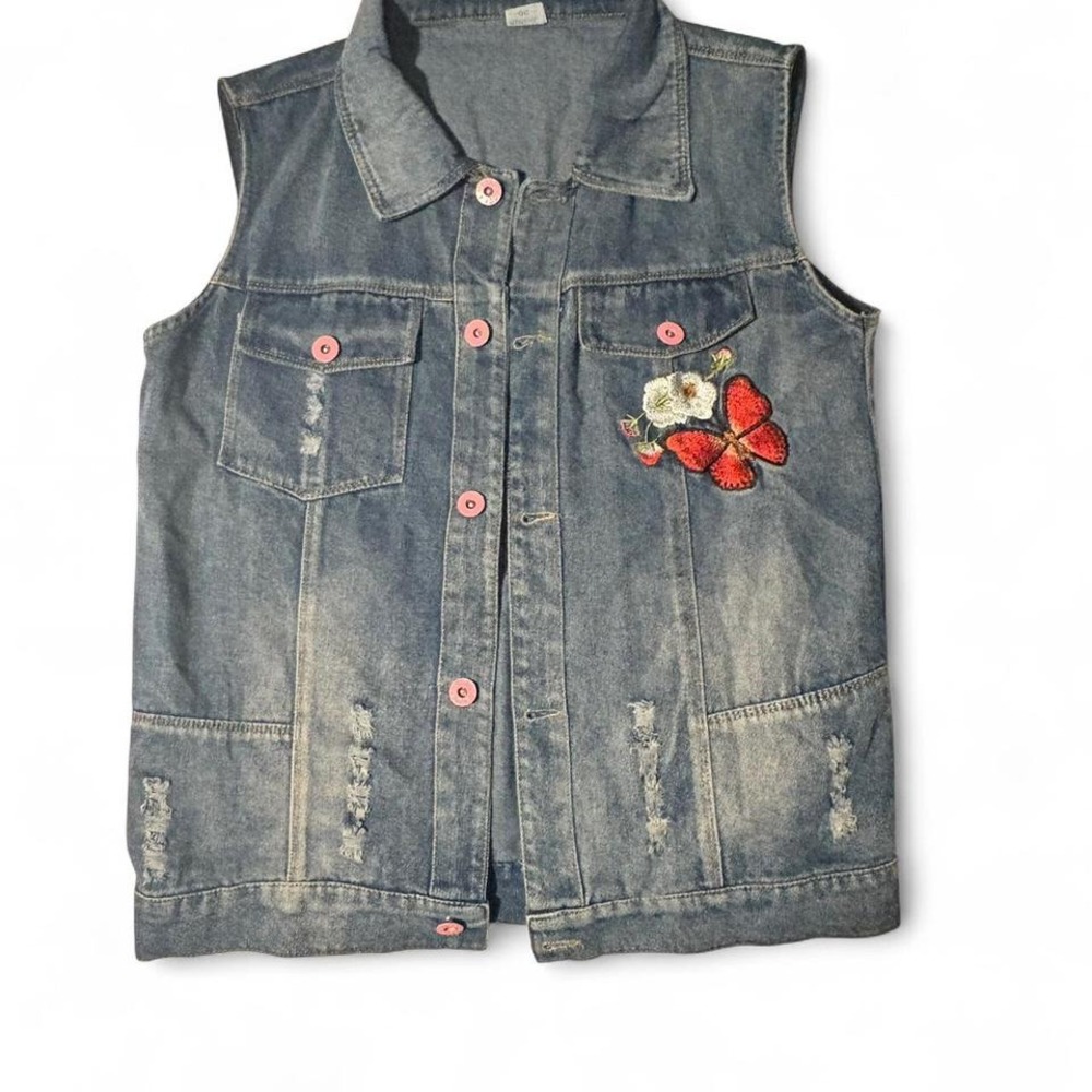 Denim Vest Butterfly‎ Patch and Floral Distressed Pink Buttons Embellished